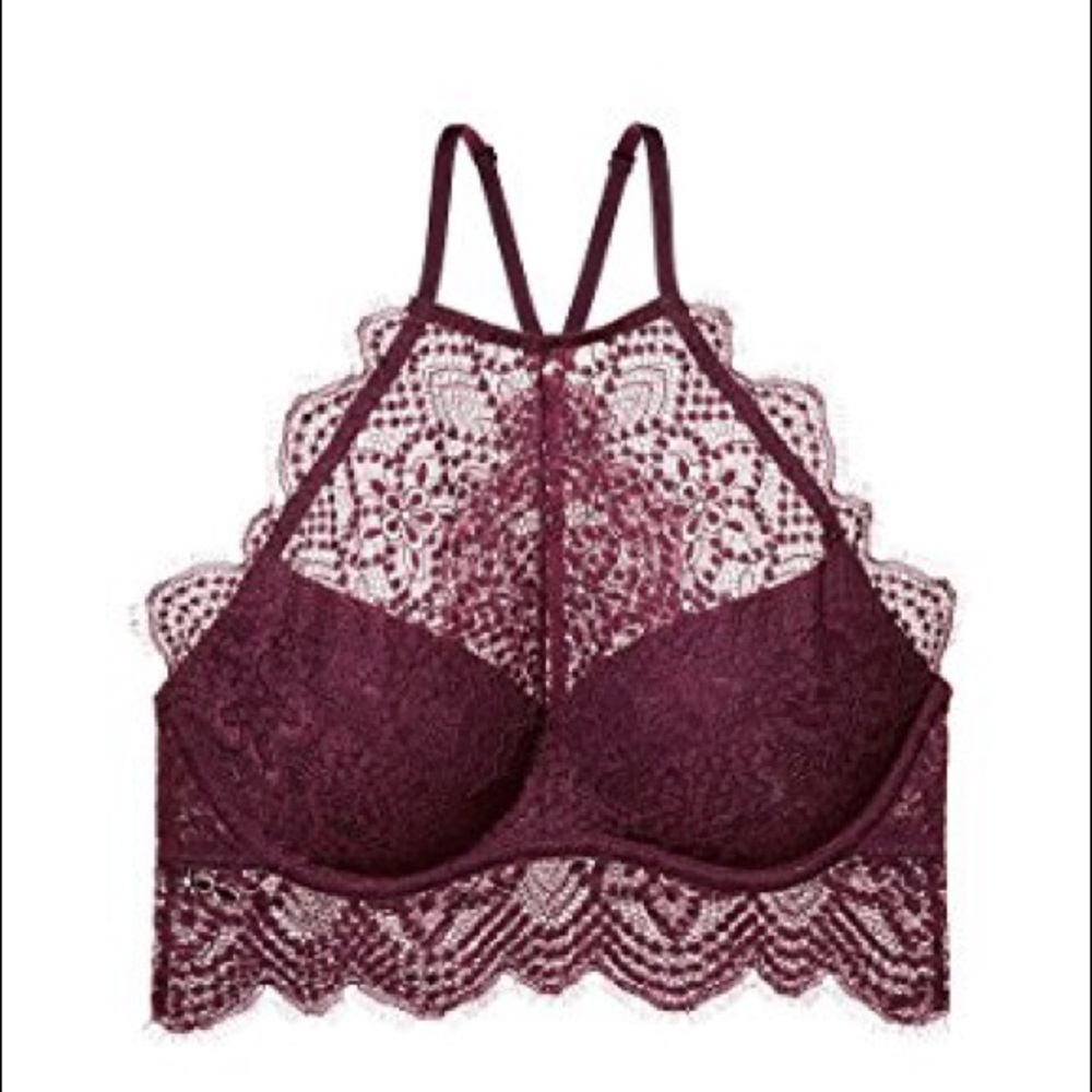 Victoria's Secret Pink Push Up Bralette Lace Wine Bra Top Crop Cropped Maroon M